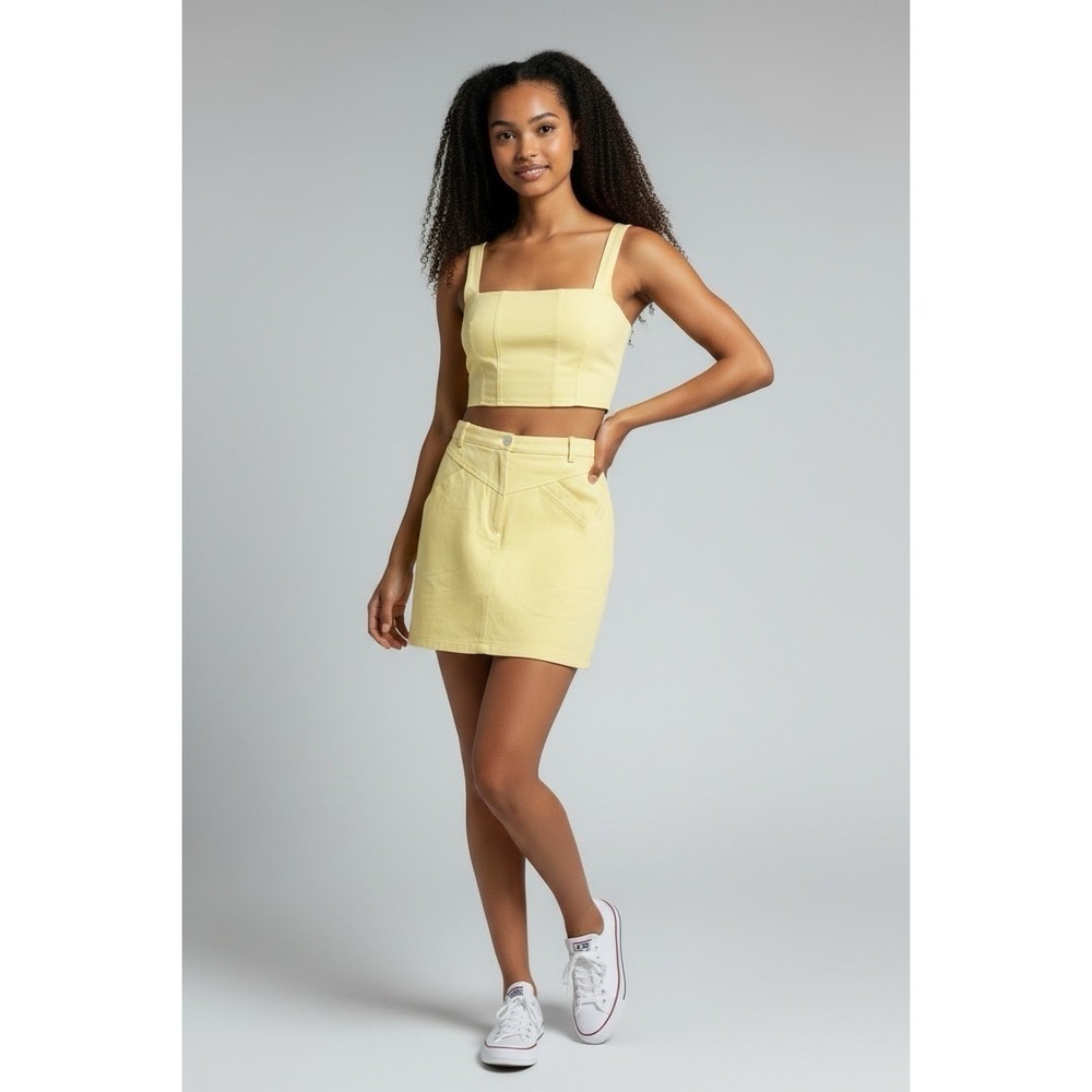 Yellow Denim 2 Piece Set Crop Top Mini Skirt Y2K Coquette Festival Zip Back Lg